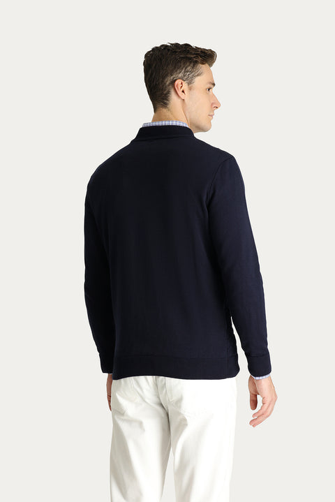 Dark Navy Semi-Turtleneck Regular Fit Patterned Cotton Knit Sweater
