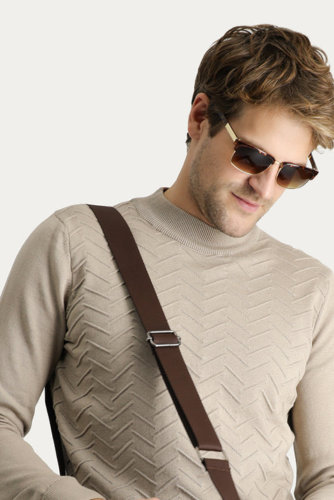 Medium Mink Half Turtleneck Regular Fit Patterned Cotton Knit Sweater