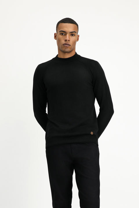 Black Semi-Turtleneck Slim Fit Narrow Cut Cotton Knit Sweater