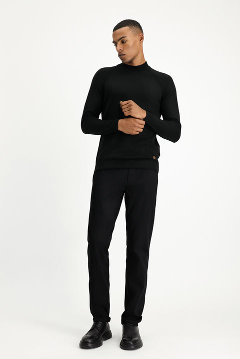 Black Semi-Turtleneck Slim Fit Narrow Cut Cotton Knit Sweater