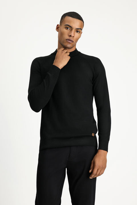 Black Semi-Turtleneck Slim Fit Narrow Cut Cotton Knit Sweater