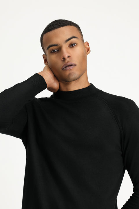 Black Semi-Turtleneck Slim Fit Narrow Cut Cotton Knit Sweater