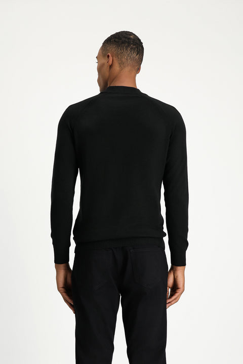 Black Semi-Turtleneck Slim Fit Narrow Cut Cotton Knit Sweater