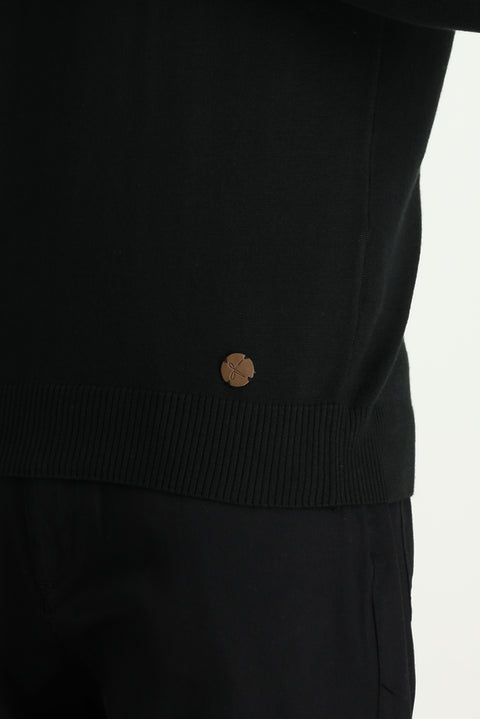 Black Semi-Turtleneck Slim Fit Narrow Cut Cotton Knit Sweater