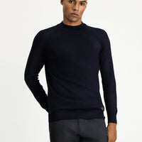 Dark Navy Semi-Turtleneck Slim Fit Narrow Cut Cotton Knit Sweater