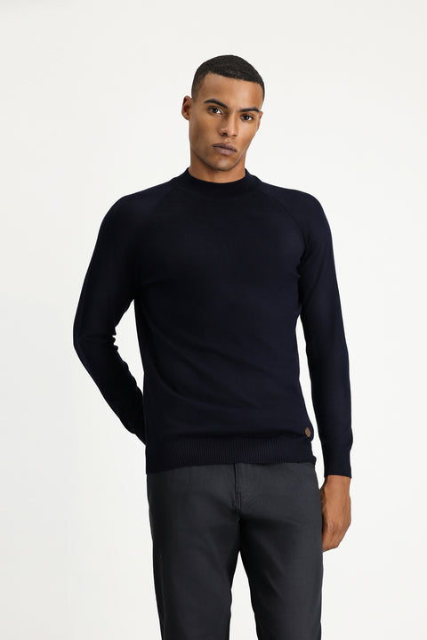 Dark Navy Semi-Turtleneck Slim Fit Narrow Cut Cotton Knit Sweater