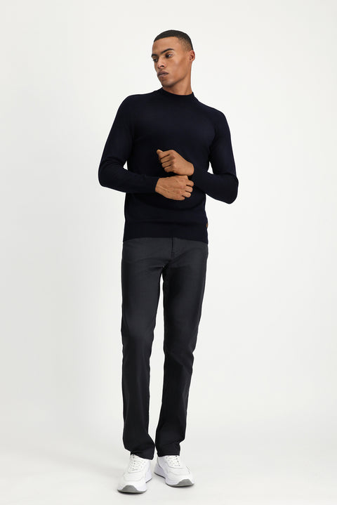 Dark Navy Semi-Turtleneck Slim Fit Narrow Cut Cotton Knit Sweater