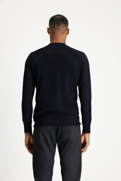 Dark Navy Semi-Turtleneck Slim Fit Narrow Cut Cotton Knit Sweater