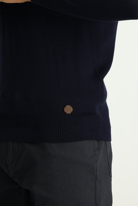 Dark Navy Semi-Turtleneck Slim Fit Narrow Cut Cotton Knit Sweater