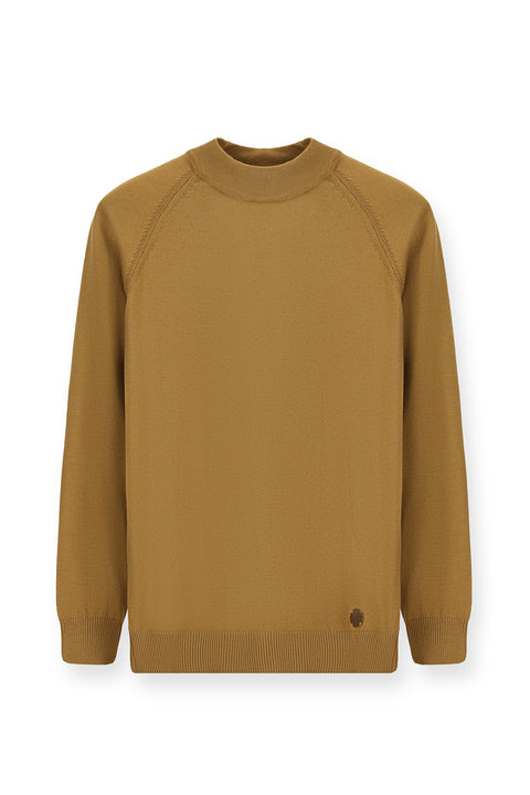 Camel Semi-Turtleneck Slim Fit Narrow Cut Cotton Knit Sweater