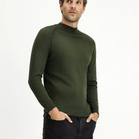 Medium Khaki Semi-Turtleneck Slim Fit Narrow Cut Cotton Knit Sweater