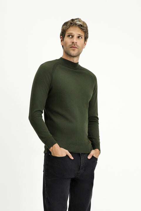 Medium Khaki Semi-Turtleneck Slim Fit Narrow Cut Cotton Knit Sweater