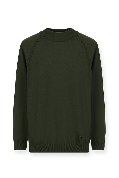 Medium Khaki Semi-Turtleneck Slim Fit Narrow Cut Cotton Knit Sweater