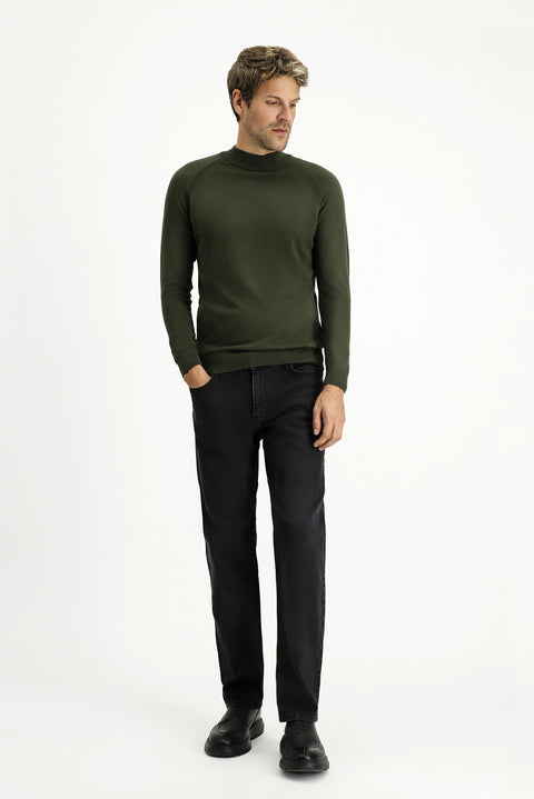 Medium Khaki Semi-Turtleneck Slim Fit Narrow Cut Cotton Knit Sweater