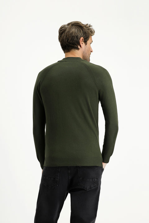 Medium Khaki Semi-Turtleneck Slim Fit Narrow Cut Cotton Knit Sweater