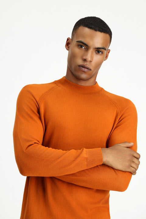 Medium Orange Semi-Turtleneck Slim Fit Narrow Cut Cotton Knit Sweater
