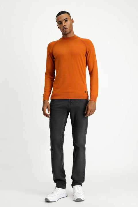 Medium Orange Semi-Turtleneck Slim Fit Narrow Cut Cotton Knit Sweater