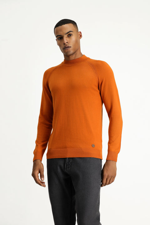 Medium Orange Semi-Turtleneck Slim Fit Narrow Cut Cotton Knit Sweater