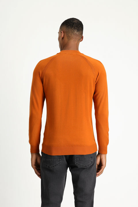Medium Orange Semi-Turtleneck Slim Fit Narrow Cut Cotton Knit Sweater