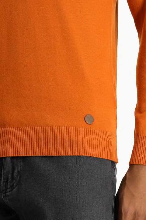 Medium Orange Semi-Turtleneck Slim Fit Narrow Cut Cotton Knit Sweater