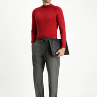 Dark Red Semi-Turtleneck Slim Fit Narrow Cut Cotton Knit Sweater