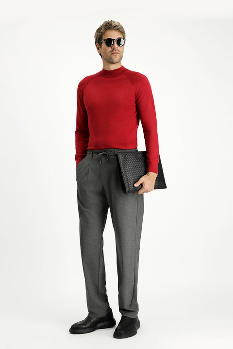 Dark Red Semi-Turtleneck Slim Fit Narrow Cut Cotton Knit Sweater