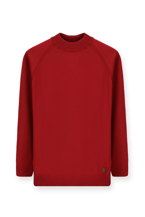 Dark Red Semi-Turtleneck Slim Fit Narrow Cut Cotton Knit Sweater