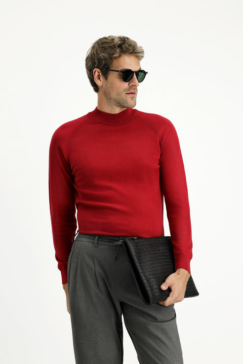 Dark Red Semi-Turtleneck Slim Fit Narrow Cut Cotton Knit Sweater