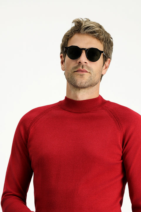 Dark Red Semi-Turtleneck Slim Fit Narrow Cut Cotton Knit Sweater
