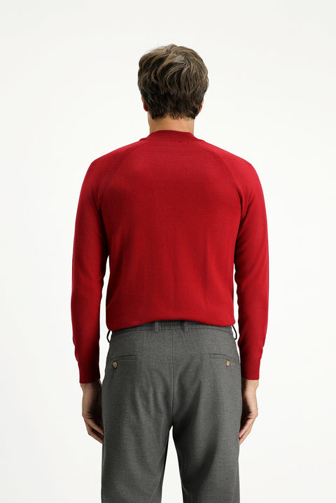 Dark Red Semi-Turtleneck Slim Fit Narrow Cut Cotton Knit Sweater
