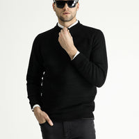 Black Semi-Turtleneck Slim Fit Narrow Cut Patterned Wool Knit Sweater