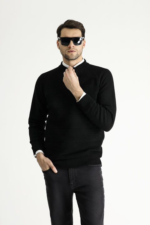 Black Semi-Turtleneck Slim Fit Narrow Cut Patterned Wool Knit Sweater