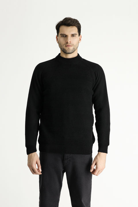 Black Semi-Turtleneck Slim Fit Narrow Cut Patterned Wool Knit Sweater