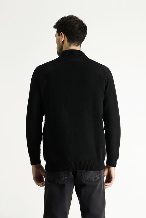 Black Semi-Turtleneck Slim Fit Narrow Cut Patterned Wool Knit Sweater