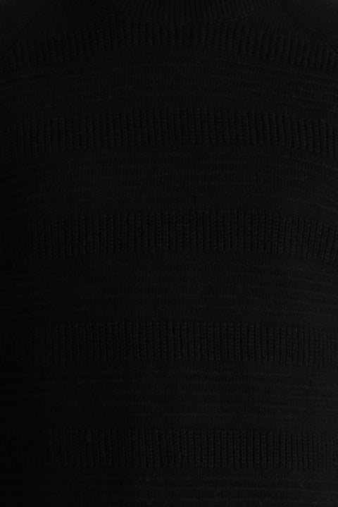 Black Semi-Turtleneck Slim Fit Narrow Cut Patterned Wool Knit Sweater