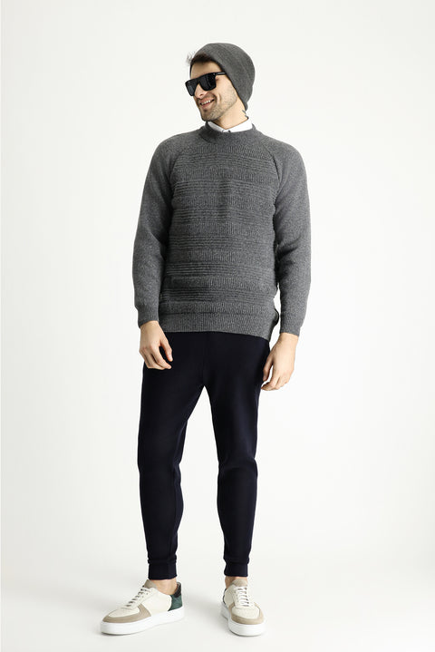 Medium Gray Semi-Turtleneck Slim Fit Narrow Cut Patterned Wool Knit Sweater