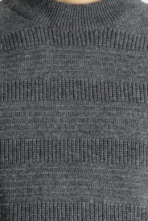 Medium Gray Semi-Turtleneck Slim Fit Narrow Cut Patterned Wool Knit Sweater