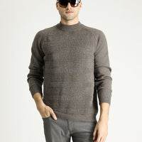 Medium Brown Semi-Turtleneck Slim Fit Narrow Cut Patterned Wool Knit Sweater