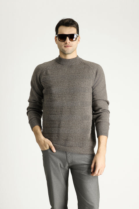 Medium Brown Semi-Turtleneck Slim Fit Narrow Cut Patterned Wool Knit Sweater
