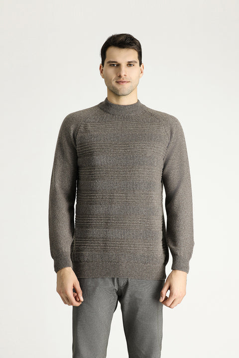 Medium Brown Semi-Turtleneck Slim Fit Narrow Cut Patterned Wool Knit Sweater