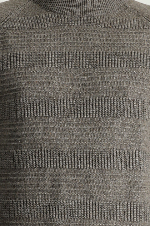 Medium Brown Semi-Turtleneck Slim Fit Narrow Cut Patterned Wool Knit Sweater