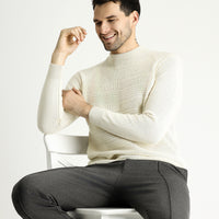 Off-white, semi-turtleneck, slim-fit, narrow-cut, patterned wool knit sweater.
