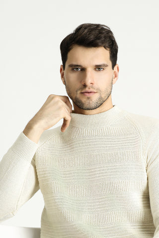  Ekru Yarım Balıkçı Yaka Slim Fit Dar Kesim Desenli Yünlü Triko Kazak