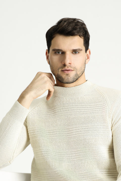 Off-white, semi-turtleneck, slim-fit, narrow-cut, patterned wool knit sweater.
