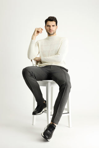  Ekru Yarım Balıkçı Yaka Slim Fit Dar Kesim Desenli Yünlü Triko Kazak