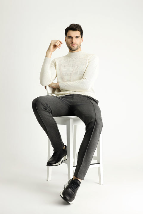 Off-white, semi-turtleneck, slim-fit, narrow-cut, patterned wool knit sweater.