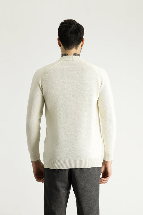 Off-white, semi-turtleneck, slim-fit, narrow-cut, patterned wool knit sweater.