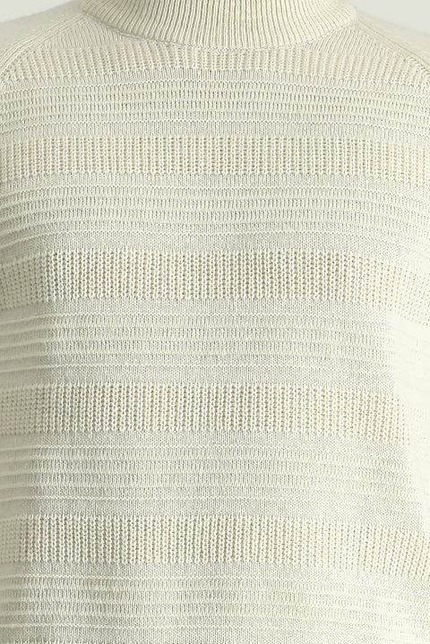 Off-white, semi-turtleneck, slim-fit, narrow-cut, patterned wool knit sweater.