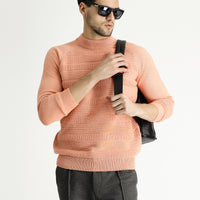 Medium Pink Semi-Turtleneck Slim Fit Narrow Cut Patterned Wool Knit Sweater