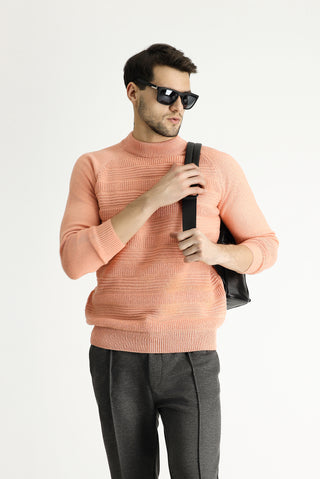  Orta Pembe Yarım Balıkçı Yaka Slim Fit Dar Kesim Desenli Yünlü Triko Kazak